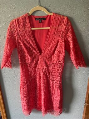 Neon Coral Lace V-Neck Mini Dress
